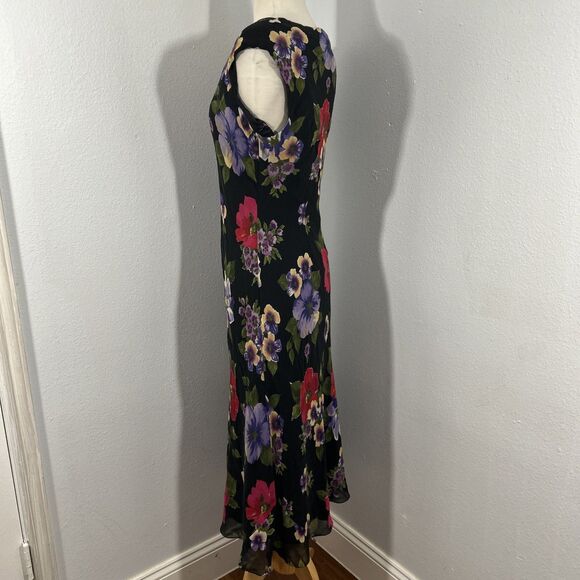 David Warren‎ Midi Dress Woman 8 Black Floral Silk Fairycore Romantic Whimsical - Picture 2 of 7